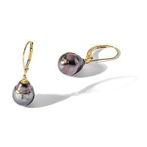 14K 8-9mm Teardrop Black Saltwater Tahitian Pearl Leverback Earrings